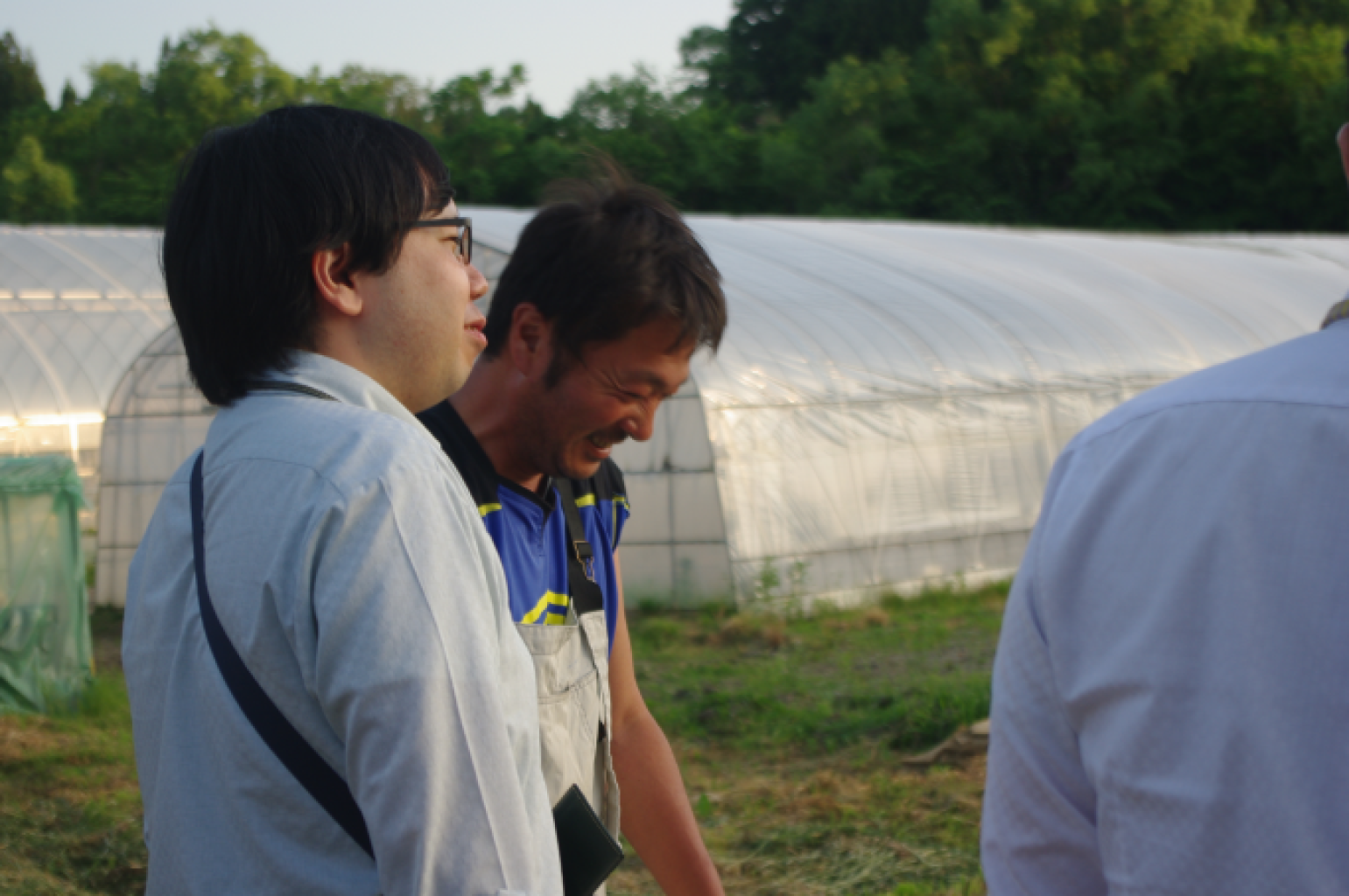 ハウスで生産者と話す花巻市役所の担当者
